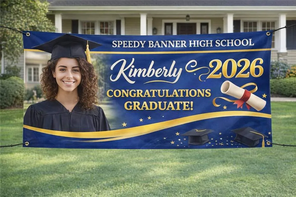 Custom graduation banner with photo, printed by Speedy Banner